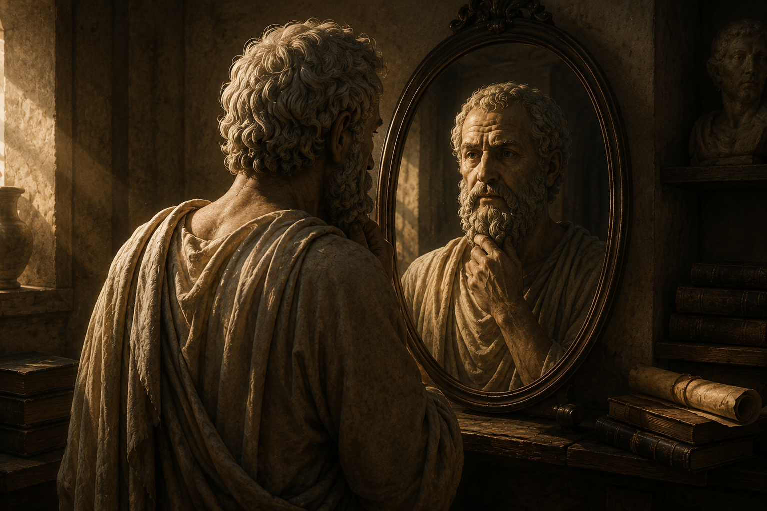 Imagem contemplativa sobre filosofia antiga, estudo e busca pela verdade